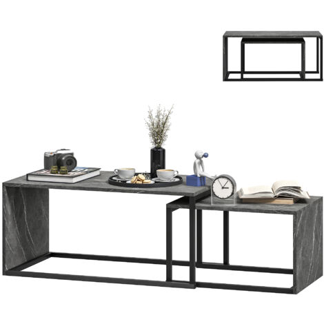 Lot de 2 tables basses gigognes design industriel encastrable en métal noir et effet marbre gris foncé