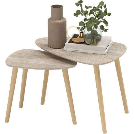 Lot de 2 tables basses gigognes design scandinave pieds en bois et plateau en bois, aspect naturel