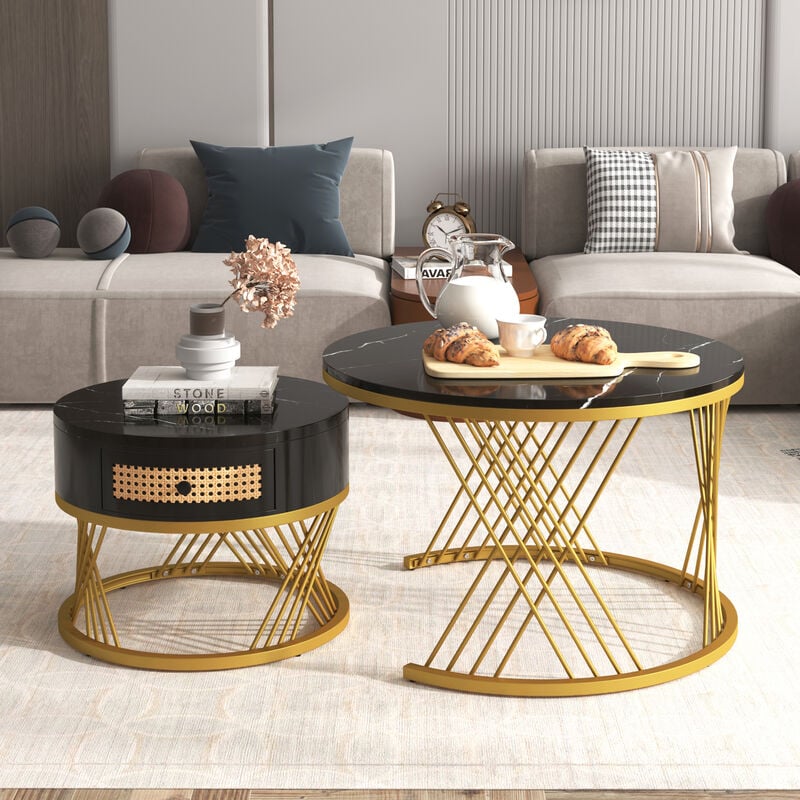 Modernluxe - Lot de 2 tables basses gigognes - dessus effet marbre - tiroirs en rotin - structure dorée - Noir