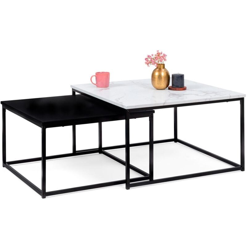 Lot de 2 tables basses gigognes ALASKA carrées 60/70 effet marbre et noir pieds métal