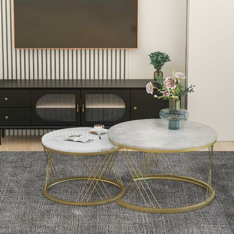Lot de 2 tables basses gigognes DETROIT rondes Ensemble de table basse en placage de marbre canapé côté tables gigognes tables d'extrémité rondes