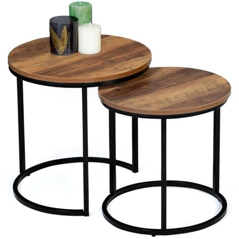 Lot de 2 tables basses gigognes HAWKINS rondes 40/45 bois foncé design industriel - Multicolore