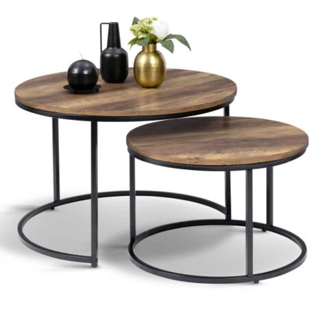 Lot de 2 tables basses gigognes HAWKINS rondes 54/70 bois foncé design industriel