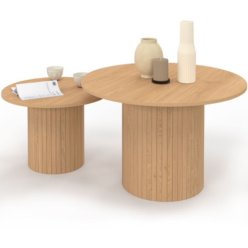 Lot de 2 tables basses gigognes JULIETTE rondes 50/70 effet lattes tasseau bois coloris chêne