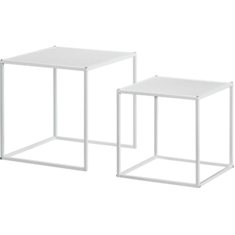 Lot de 2 tables basses gigognes, lot de 2 tables gigognes de salon, modulables, en acier, style industriel, blanc mat