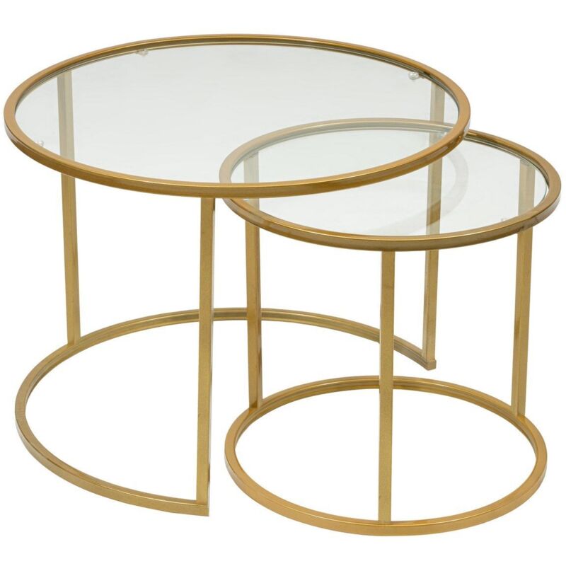 Lot de 2 tables basses gigognes Manta Verre trempé Transparent et Métal Or Lot de 2 tables basses gigognes Manta Verre trempé Transparent et Métal Or