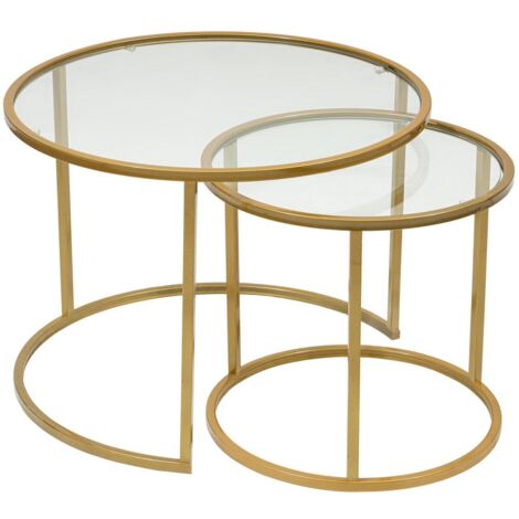 Lot de 2 tables basses gigognes Manta Verre trempé Transparent et Métal Or