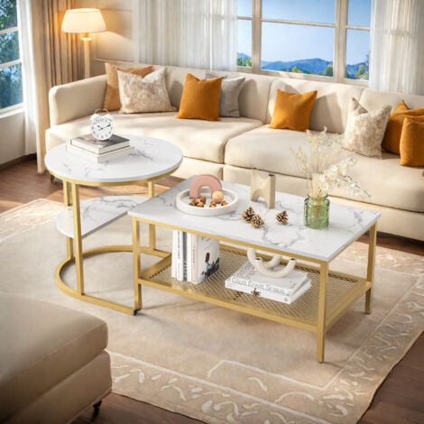 Lot de 2 tables basses gigognes marbre lisse–Table d'appoint rectangulaire et ronde–Structure métallique–Design minimaliste et fonction de rangement–Doré