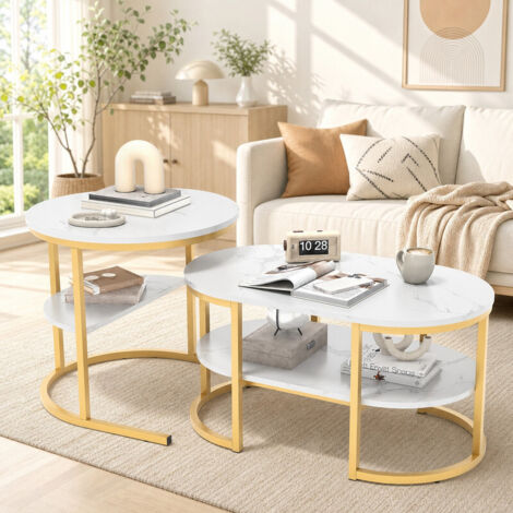 Lot de 2 tables basses gigognes, ronde Ø52xH51 cm et ovale 80x46xH41 cm, plateau MDF imitation marbre blanc, cadre métal doré, style moderne pour salon