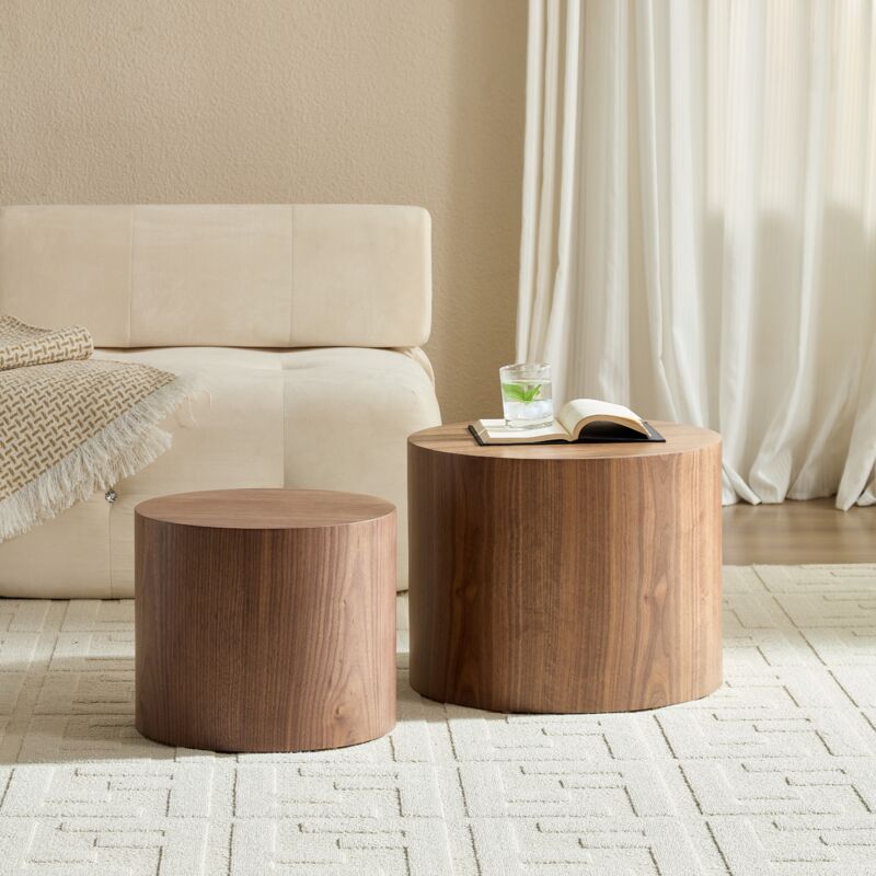 Lot de 2 Tables basses gigognes rondes Ø48x38 + Ø38x32 cm, gain de place, MDF noyer
