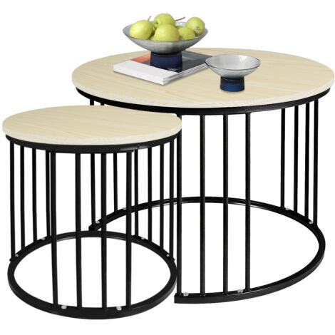 Lot de 2 tables basses gigognes rondes 60/40cm – Structure métal Noir– Plateau bois – Design industriel chic – Montage facile