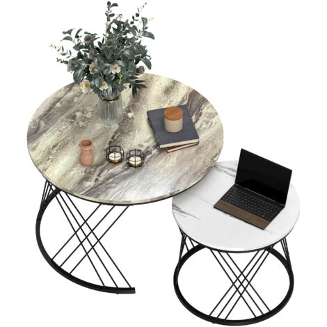Lot de 2 tables basses gigognes rondes Ø 70/44,5 cm avec plateau effet marbre et pieds en métal, gris et blanc