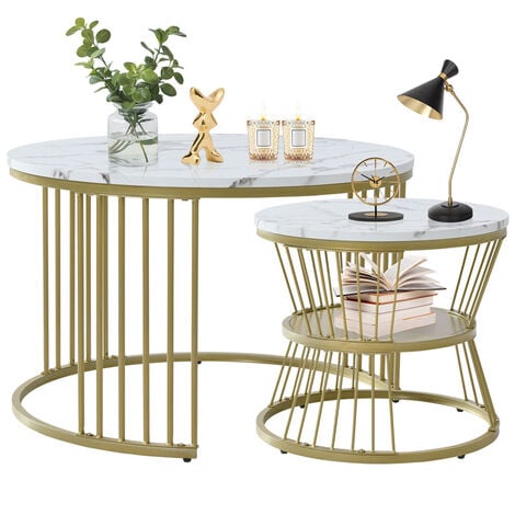 Lot de 2 tables basses gigognes rondes 70/45 cm - motif marbre, cadre doré - Noir