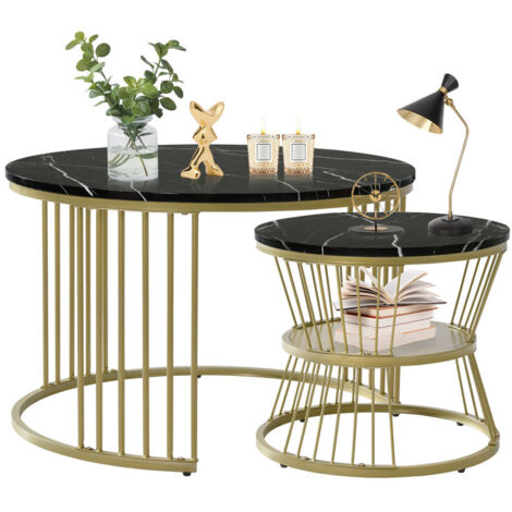 Lot de 2 tables basses gigognes rondes 70/45 cm, plateau aspect marbre noir, structure métal doré design moderne chic, montage facile table de salon déco intérieur