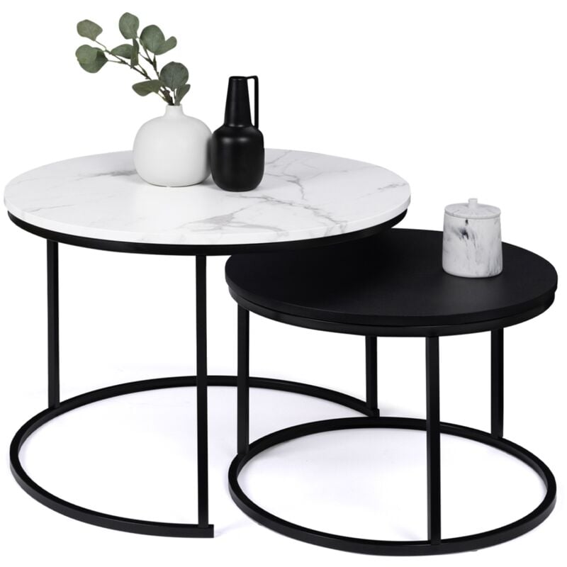 Idmarket - Lot de 2 tables basses gigognes alaska rondes 54/70 effet marbre et noir pieds métal