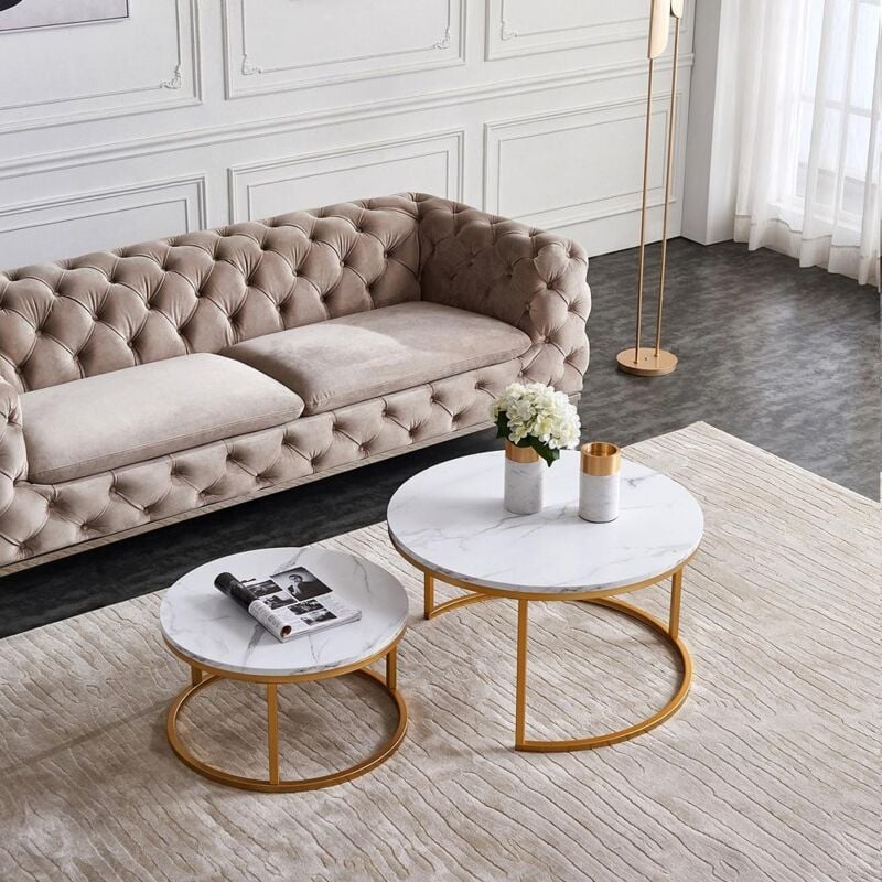 Tanant - Lot de 2 Tables Basses Gigognes Rondes Modernes 80/40 cm - Plateau Motif Marbre Blanc, Structure Métal - Or