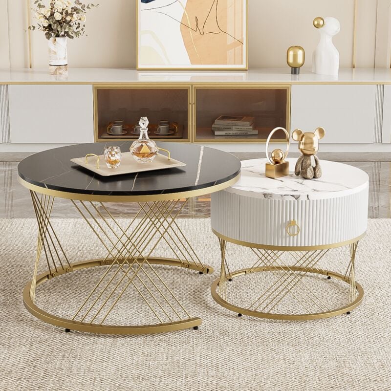Eifson - Lot de 2 tables basses gigognes rondes, motif marbre brillant, structure en métal avec 1 tiroir, 70x70x45 + 50x50x40 cm, adaptées aux