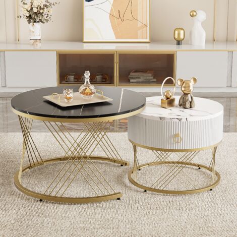 Lot de 2 tables basses gigognes rondes, motif marbre brillant, structure en métal avec 1 tiroir, 70x70x45 + 50x50x40 cm, adaptées aux salons, réceptions, balcons et bureaux - plateau blanc et noir