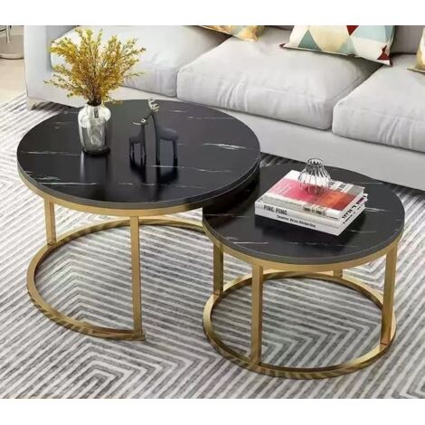 Lot de 2 tables basses gigognes rondes pour salon/chambre/petit espace - noir et doré