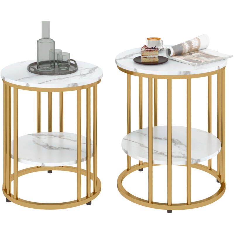 Homcom - Lot de 2 tables basses gigognes rondes style Art déco - 2 étagères - acier doré effet marbre blanc