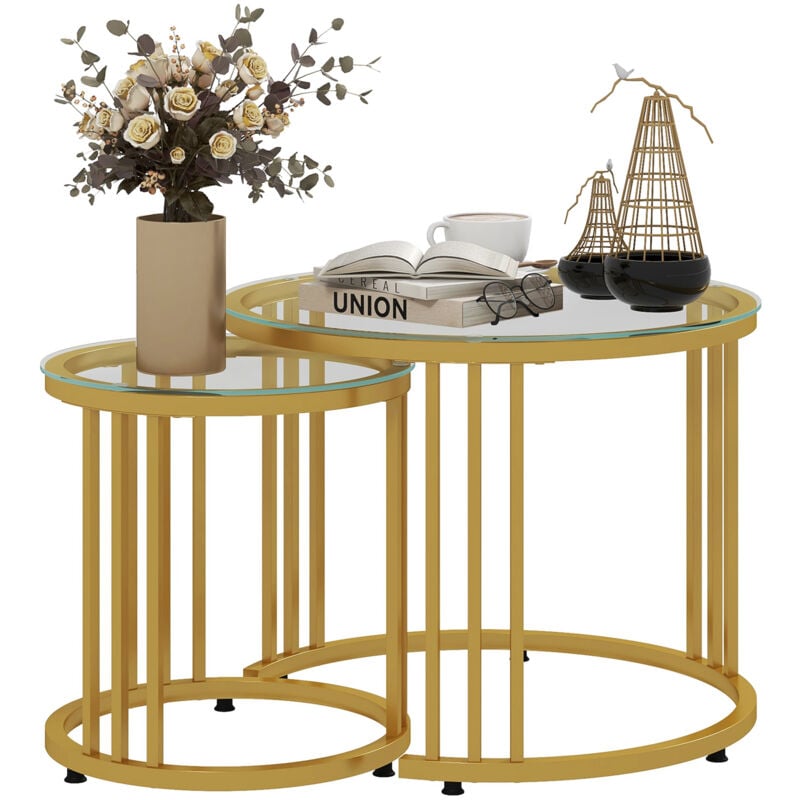 Homcom - Lot de 2 tables basses gigognes rondes style Art Déco - ø 60/40 cm - acier doré plateau verre trempé