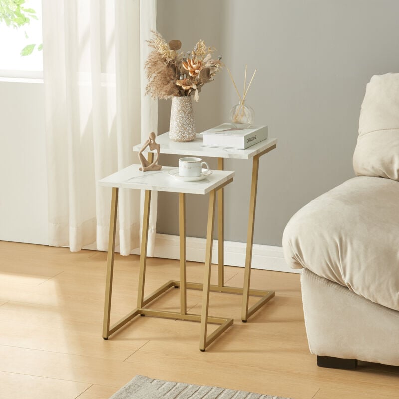 Lot de 2 tables basses gigognes Salem acier panneau de particules or effet marbre blanc [en.casa]