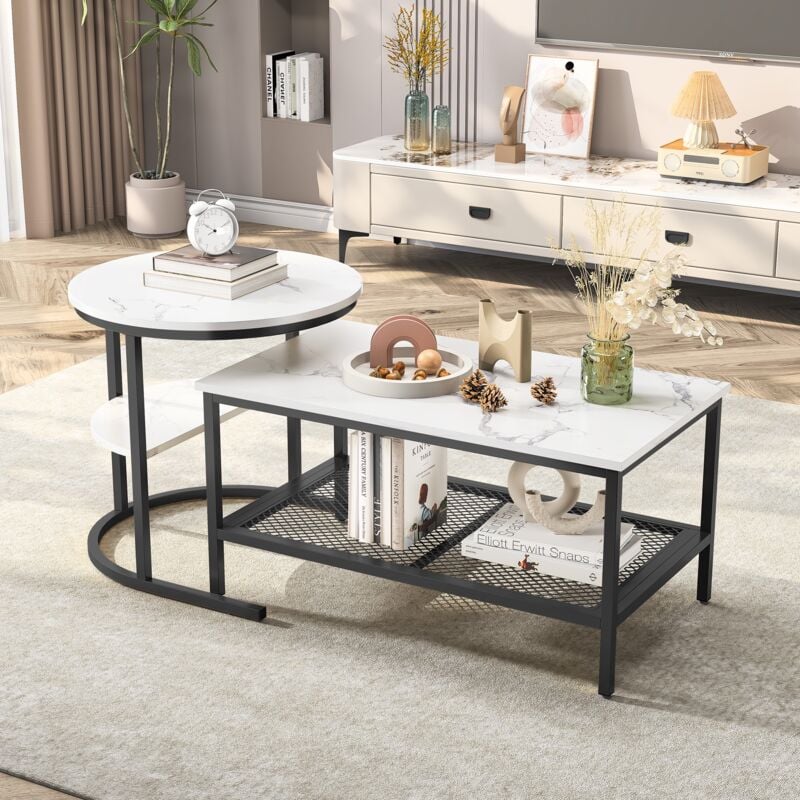 Tanant - Lot de 2 Tables Basses Gigognes Scandinaves - Table d'Appoint Imprimée Marbre - Cadre en Métal Noir, Repose-pieds Réglables,Table basse