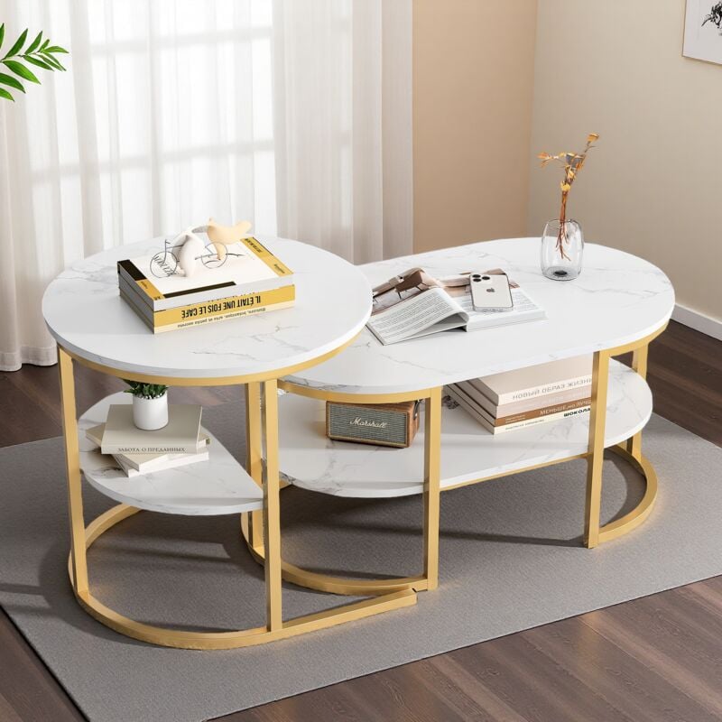 Fortuna Lai - Lot de 2 Tables Basses Gigognes Scandinaves - Table d'Appoint Ovale Imprimée Marbre avec Étagères de angement - Cadre en Métal - Doré