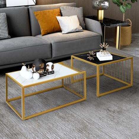 Lot de 2 Tables Basses Gigognes Surface en Marbre Artificiel Réaliste Scandinave Moderne Structure en Métal