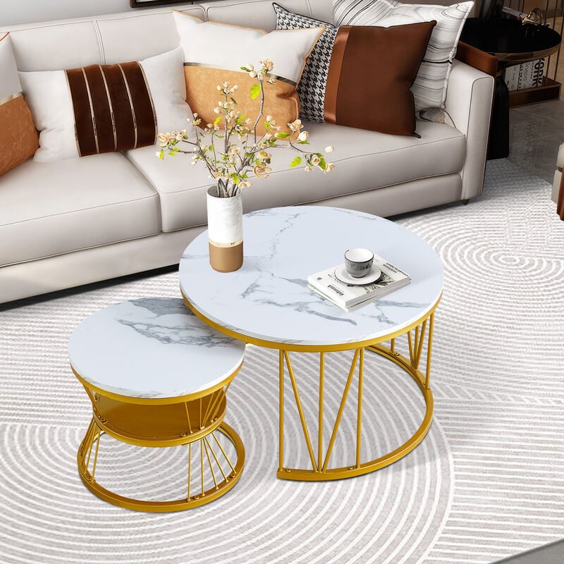 Fortuna Lai - Lot de 2 tables basses gigognes, table ronde, plateau en marbre, pied en fer forme en v, pour salon, chambre, D70x45+D45x40cm doré