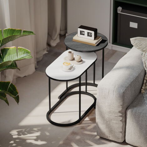 Lot de 2 tables basses gigognes. tables d'appoint empilable style contemporain. cadre en métal gris et blanc