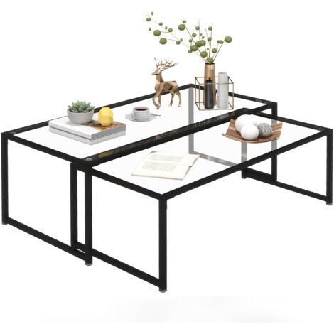 Lot de 2 tables basses gigognes tables de salon rectangulaires design en acier noir et plateaux en verre trempé