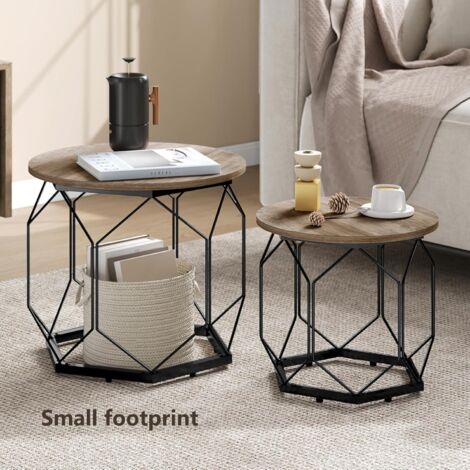 Lot de 2 Tables Basses Gigognes WOLTU, Table Basse Ronde, Cadre Noir, en Métal + Bois Composite, Chêne Gris