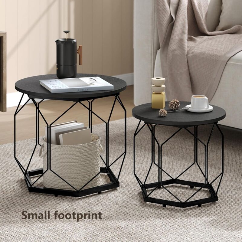 Woltu - Lot de 2 Tables Basses Gigognes Table Basse Ronde, Cadre Noir, en Métal + Bois Composite, Chêne Noir