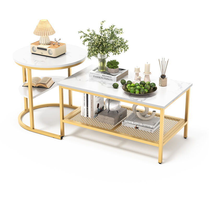 Pergar - Lot de 2 Tables basses gigognes,placage de marbre,cercles et rectangles,blanc et or,80x46x41cm,52x52x51cm