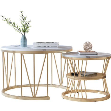 Lot de 2 Tables Basses Gigognes,Table basse moderne ronde pour salon,Imitation marbre tables d'appoint,Structure en Doré métal,70x70x45cm/45x45x40cm