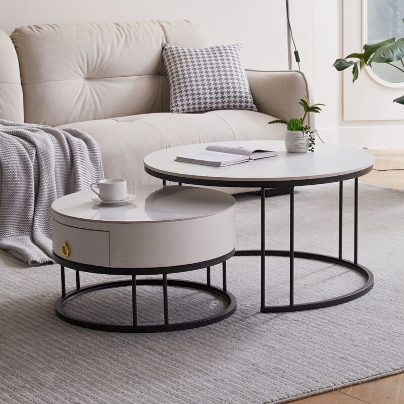 Wishdor - Table basse gigogne ronde, lot de 2, table basse gigogne blanche avec un tiroir, cadre en métal noir, placage de marbre