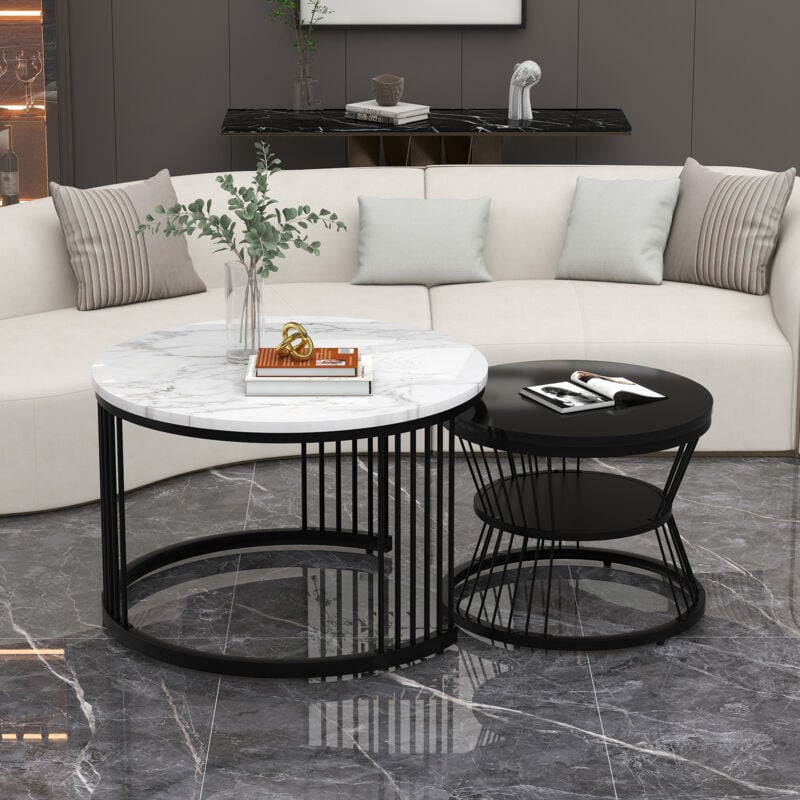 Wishdor - Table basse gigogne ronde, lot de 2, table basse gigogne blanche et noire, cadre en métal noir, placage de marbre