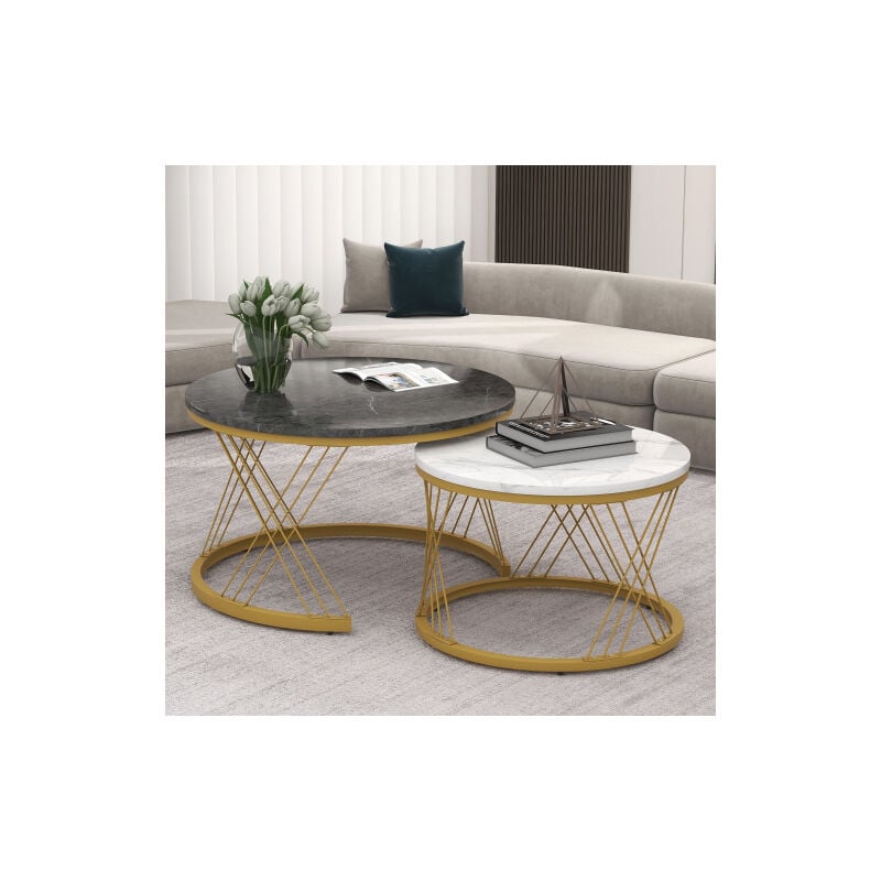 Wishdor - Table basse gigogne ronde, lot de 2, cadre en métal doré , placage de marbre, blanc et gris foncé