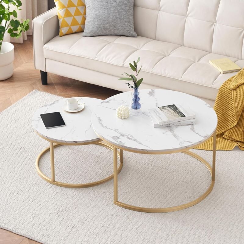 Wishdor - Table basse gigogne ronde, lot de 2, table basse gigogne blanche, cadre en métal doré, placage de marbre