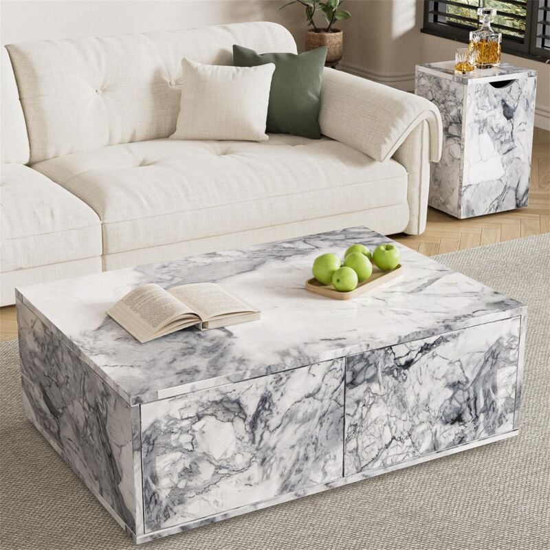Eifson - Lot de 2 tables basses modernes, motif marbre, grande table avec deux tiroirs, petite table avec rangement, mdf, adaptée pour salon, balcon