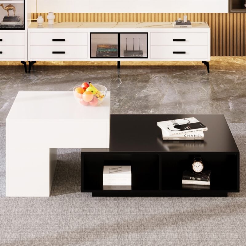 Eifson - Lot de 2 tables basses modulables avec rangements ouverts, fonction rangement relevable, noir et blanc, hauteur réglable,