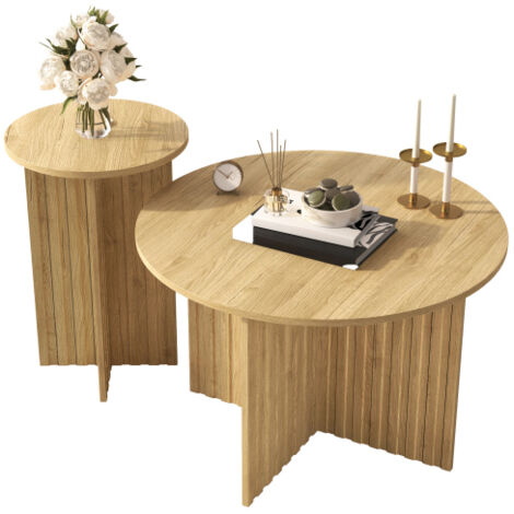 Lot de 2 tables basses - plateau rond - aspect bois - MDF + panneaux de particules - Naturel
