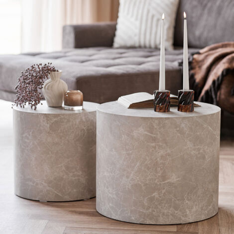 Lot de 2 tables basses rondes 38/48x36/40 cm effet marbre beige - AXYS