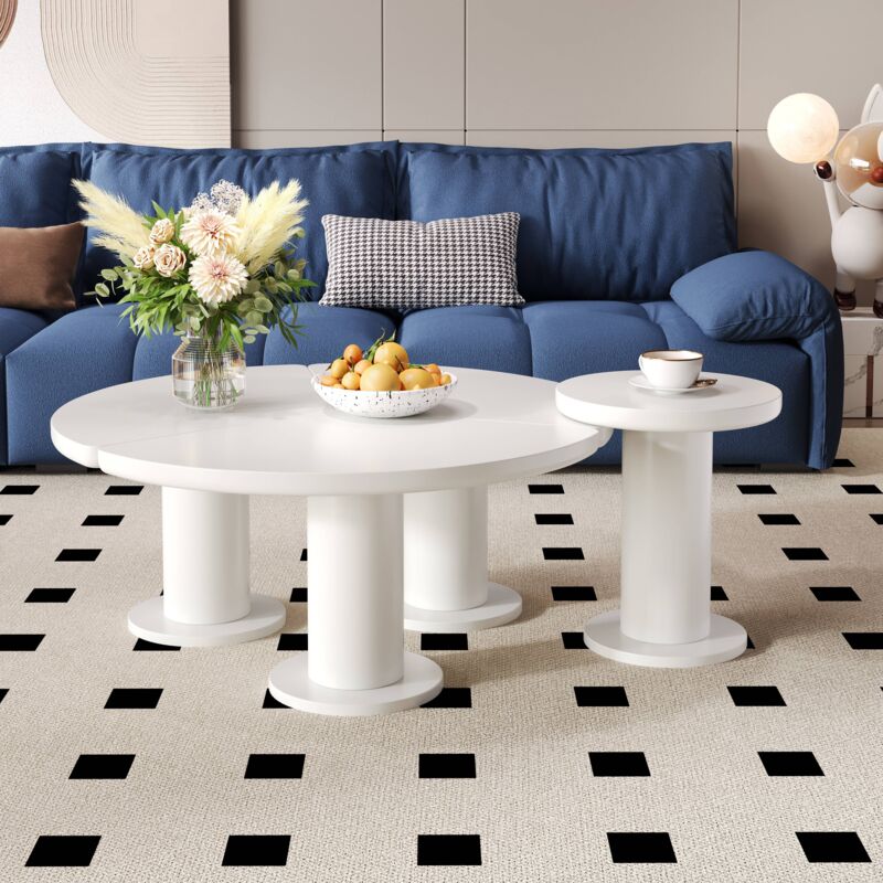 Tanant - Lot de 2 tables basses Rondes 39,8 x 39,8 x 42,2 + 100 x 100 x 40 cm - plateau en mdf laqué et pieds en pvc - combinaison table basse style