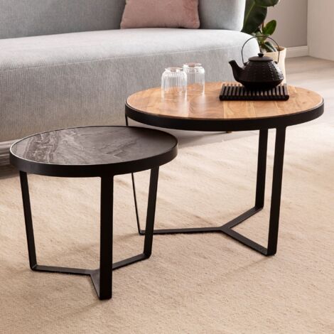 Lot de 2 tables basses rondes 60 et 44 cm aspect bois et pierre
