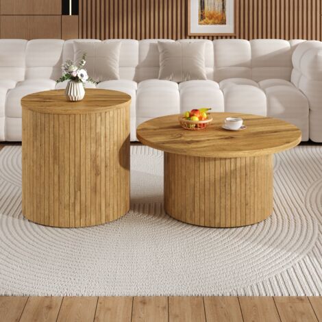Lot de 2 tables basses rondes 75/50 cm, MDF effet bois naturel, modulables scandi