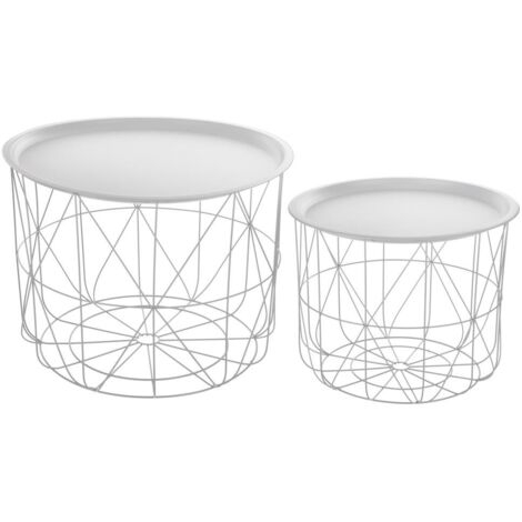 Lot de 2 Tables Basses Rondes Blanches Matt Essential Mood avec Paniers de Rangement - Atmosphera