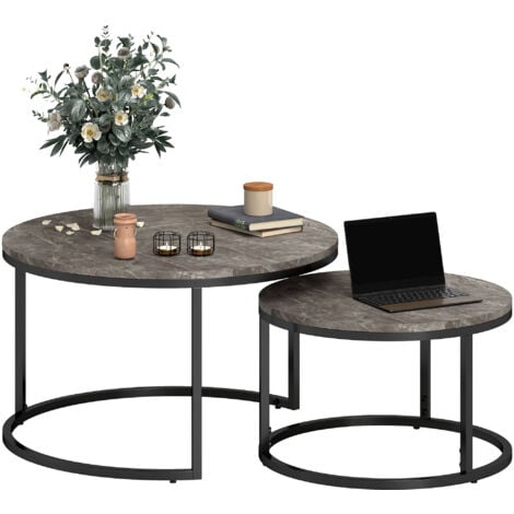 HOMCOM Lot de 2 tables basses rondes gigogne empilables piètement acier noir plateau aspect marbre gris