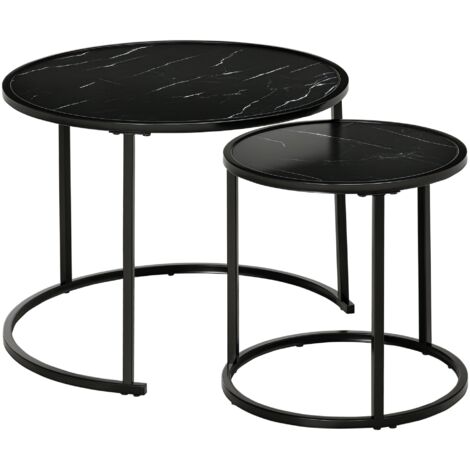 Lot de 2 Tables Basses Rondes gigogne empilables Plateau en bois aspect marbre et Pieds en métal Noir